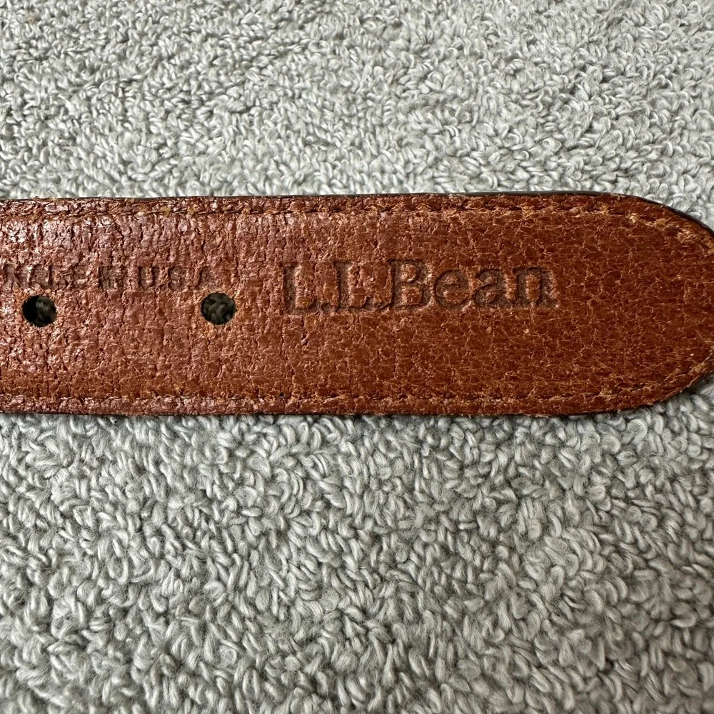 LL Bean Size 34 Woven Elastic Belt Brown Leather Brass Buckle Made in USA
